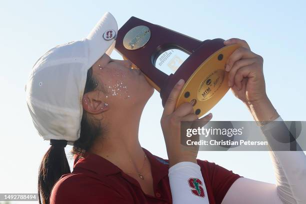 Rose Zhang of the Stanford Cardinal poses with the trophy after winning the NCAA women’s Golf Championships at Grayhawk Golf Club on May 22, 2023 in...