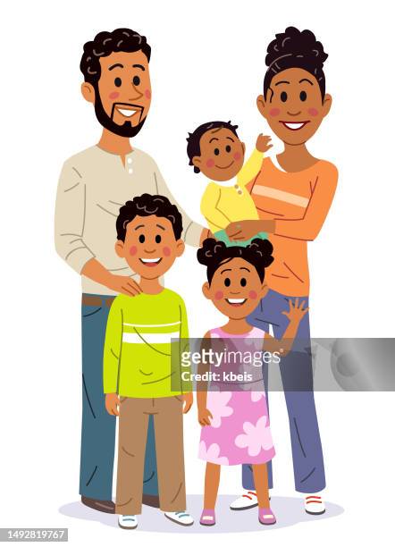 ilustraciones, imágenes clip art, dibujos animados e iconos de stock de familia feliz con tres hijos - cuatro personas