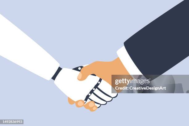 robot and businessman shaking hands. artificial intelligence and human collaboration concept - robot hand human hand stock illustrations