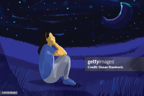 ilustraciones, imágenes clip art, dibujos animados e iconos de stock de solo y mirando a la luna - 35 39 años