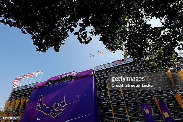 The exterior of the beach volleyball arena during a beach volleyball practice session ahead of the London 2012 Olympics at Horse Guards Parade on...