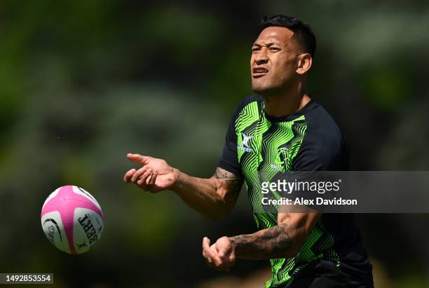 Israel Folau of World XV during the World XV training session at The Lensbury on May 24, 2023 in Teddington, England. The World XV will play against...
