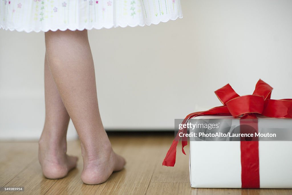 Girl standing beside wrapped gift, low section