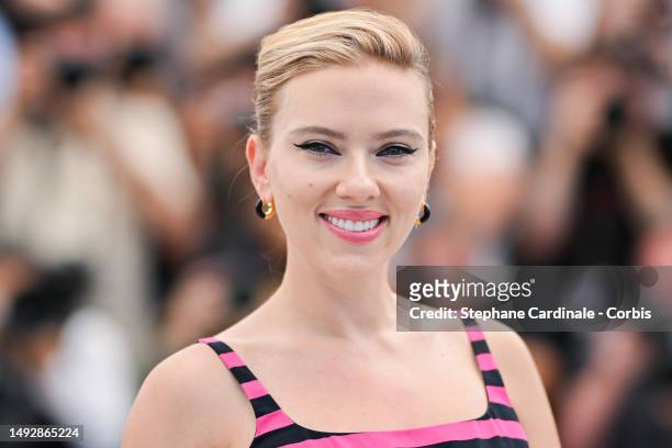 Scarlett Johansson attends the "Asteroid City" photocall at the 76th annual Cannes film festival at Palais des Festivals on May 24, 2023 in Cannes,...