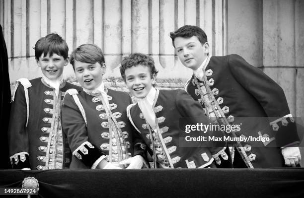 Page of Honour Ralph Tollemache, Prince George of Wales , Page of Honour Lord Oliver Cholmondeley and Page of Honour Nicholas Barclay watch an RAF...