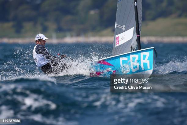 Ben Ainslie of Great Britain in action during training at the Weymouth & Portland Venue, ahead of the London 2012 Olympic Games on July 26, 2012 in...