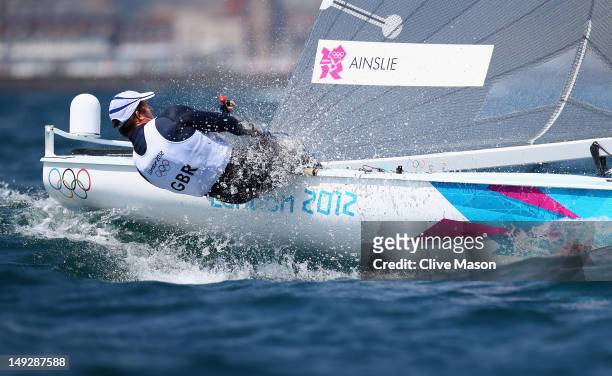 Ben Ainslie of Great Britain in action during training at the Weymouth & Portland Venue, ahead of the London 2012 Olympic Games on July 26, 2012 in...