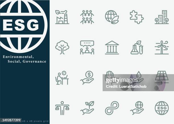 esg, environmental, governance, ecological environmental, green sustainable investing growth ethical investing, socially responsible investing, corporate governance line icons, minimal icons design - climate icon stock illustrations