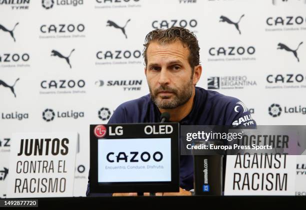 Head coach Ruben Baraja of Valencia CF attends a press conference at Ciutat Esportiva de Paterna on May 24, 2023 in Paterna, Valencia, Spain.