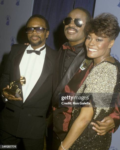 Quincy Jones, Stevie Wonder and Dionne Warwick attend 28th Annual Grammy Awards on February 25, 1986 at the Shrine Auditorium in Los Angeles,...