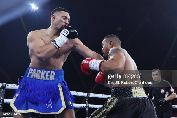 Joseph Parker exchanges punches with Faiga Opelu during their Heavyweight bout at Margaret Court Arena on May 24, 2023 in Melbourne, Australia.