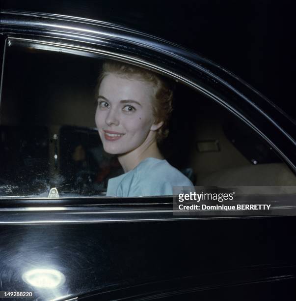 Actress Jean Seberg arrives at the Restaurant Maxim's party after the presentation of Otto Preminger's movie 'Saint Joan' based on French historic...