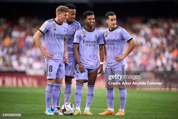 Toni Kroos, Eder Militao, Rodrygo Goes and Lucas Vazquez looks on during the LaLiga Santander match between Valencia CF and Real Madrid CF at Estadio...