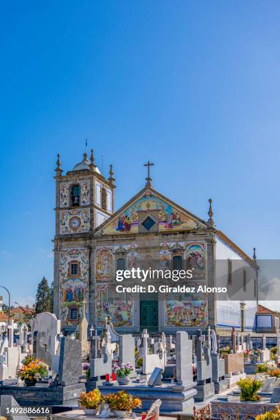 facade of the church of valega done with tiles, in baroque style in portugal - aveiro stockfoto's en -beelden