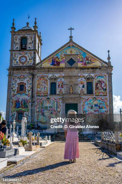 facade of the church of valega done with tiles, in baroque style in portugal - aveiro district stockfoto's en -beelden