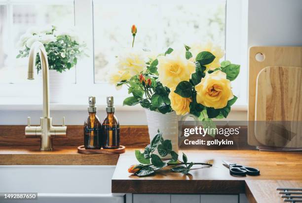 freshly cut yellow roses from the garden - window sill stock pictures, royalty-free photos & images