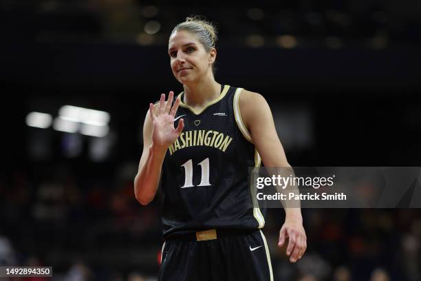 Elena Delle Donne of the Washington Mystics acknowledges the crowd against the Connecticut Sun at Entertainment & Sports Arena on May 23, 2023 in...