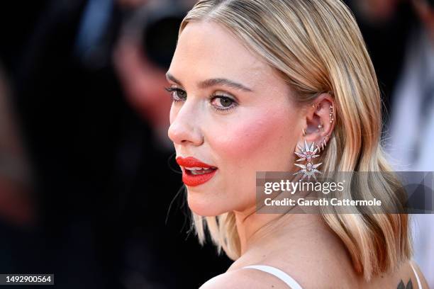 Scarlett Johansson attends the "Asteroid City" red carpet during the 76th annual Cannes film festival at Palais des Festivals on May 23, 2023 in...