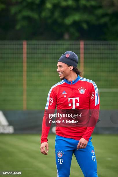 Leroy Sane of FC Bayern Muenchen smiles during a training session at Saebener Strasse training ground on May 24, 2023 in Munich, Germany.