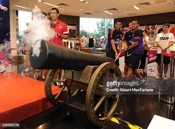 Andre Santos, Alex Oxlade-Chamberlain and Theo Walcott of Arsenal attends a Nike event in Beijing during their pre-season Asian Tour in China on July...