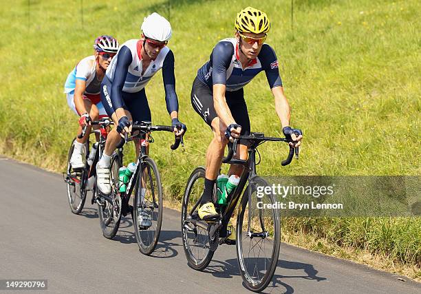 Bradley Wiggins of Great Britain leads team mate David Millar as they ride up Box Hill in preparation for the Men's Road Race of 2012 Olympic Games...