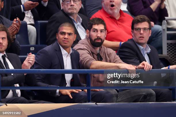 Daniel Narcisse, Nikola Karabatic attend the EHF Champions League match between Paris Saint Germain Handball and THW Kiel at Stade Pierre de...