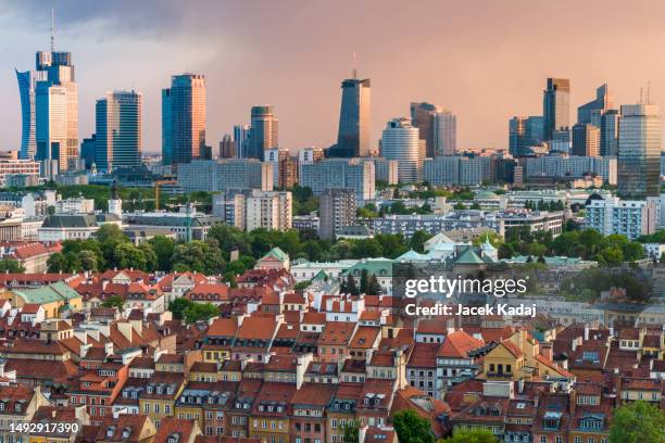 aerial view of warsaw city center during sunset - warsaw ストックフォトと画像