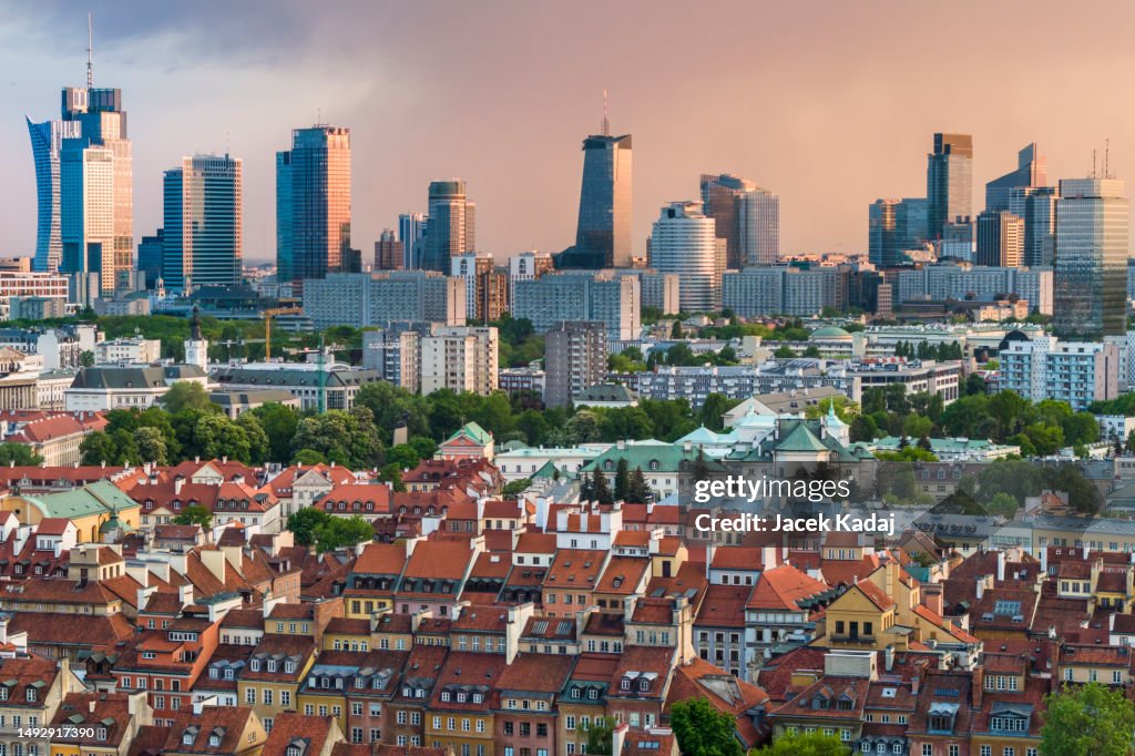 Aerial view of Warsaw city center during sunset