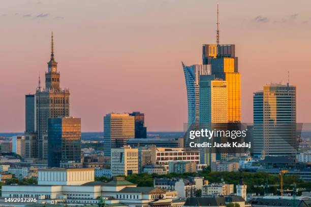 aerial view of warsaw city center during sunset - warschau stockfoto's en -beelden