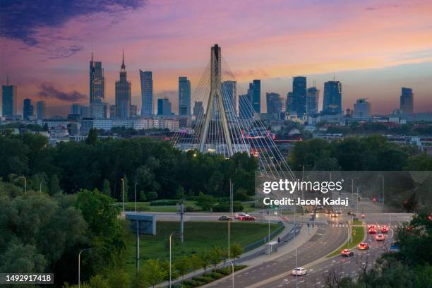 aerial view of warsaw city center during sunset - poland city stock pictures, royalty-free photos & images