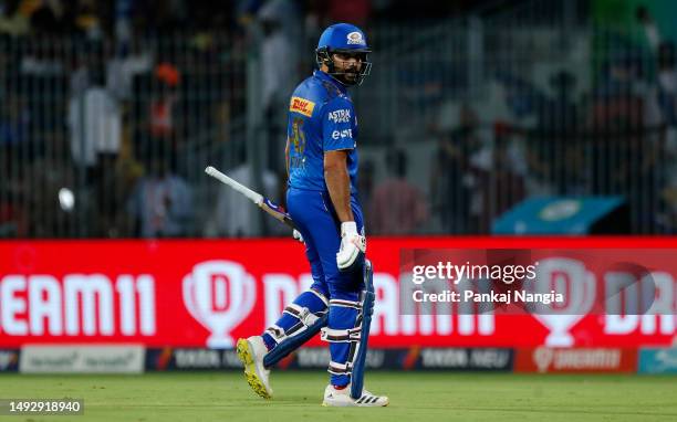 Rohit Sharma of Mumbai Indians leaves the field after being caught out by Ayush Badoni of Lucknow Super Giants during the IPL Eliminator match...