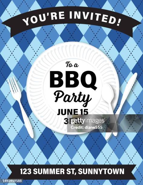 bildbanksillustrationer, clip art samt tecknat material och ikoner med bbq party invitation template on an argyle background - golfrutemönster