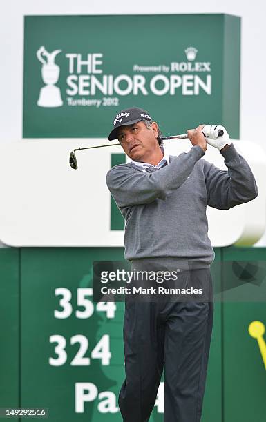 Eduardo Romero of Argentina swings on the first tee during the first days play from the Senior Open Championship from Turnberruy Golf course on July...