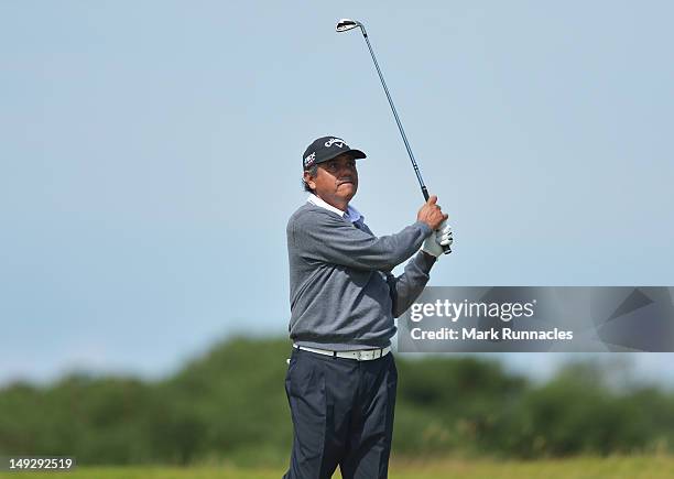 Eduardo Romero of Argentina swings on the 18th hole during the first days play from the Senior Open Championship from Turnberruy Golf course on July...