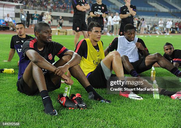 Abou Diaby, Marouane Chamakh and Chuks Aneke of Arsenal FC during a training session during the club's pre-season Asian tour at the Olympic Sports...