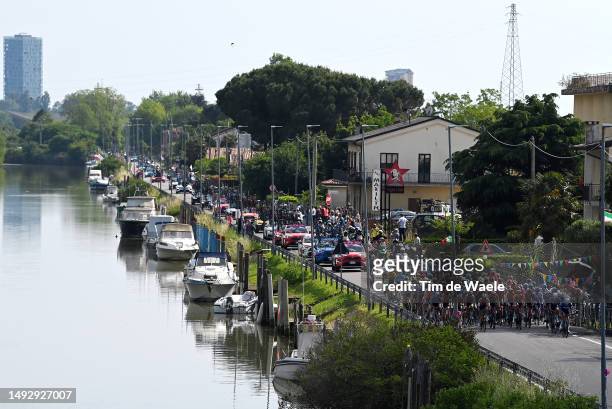 General view of the peloton passing through Venecia City during the the 106th Giro d'Italia 2023, Stage 17 a 197km stage from Pergine Valsugana to...