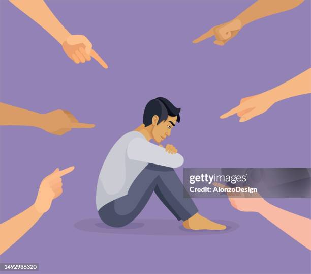 blaming you. asian man judged by different people pointing fingers at him. concept of accusation of guilty asian man. - fat asian man stock illustrations