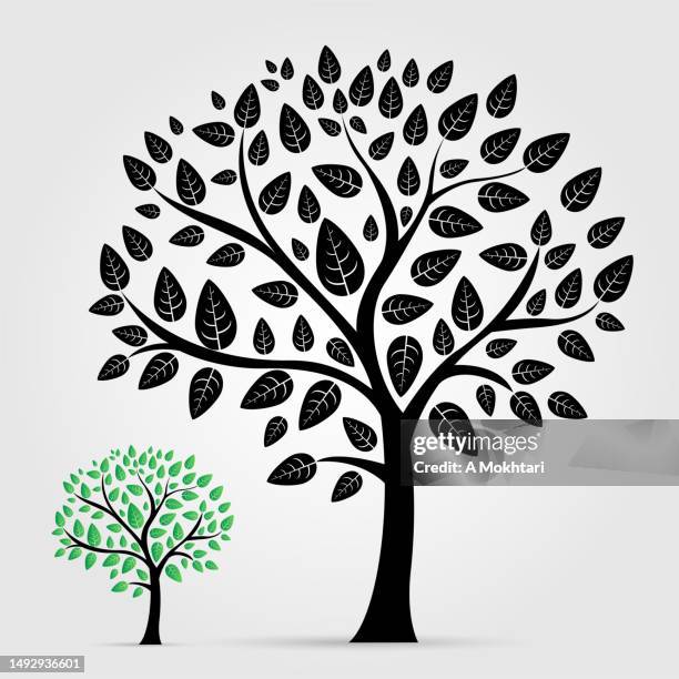 stockillustraties, clipart, cartoons en iconen met black tree with small tree with green leaf. - kale boom