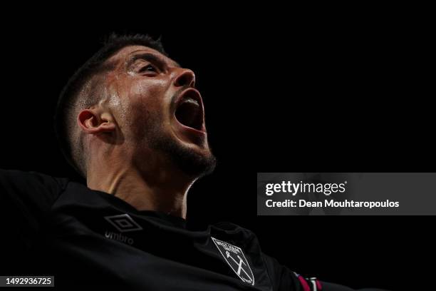 Pablo Fornals of West Ham United celebrates after scoring the team's first goal during the UEFA Europa Conference League semi-final second leg match...