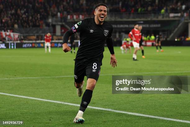 Pablo Fornals of West Ham United celebrates after scoring the team's first goal during the UEFA Europa Conference League semi-final second leg match...