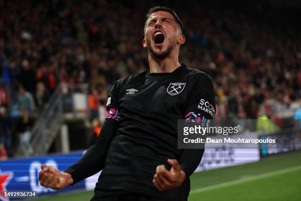 Pablo Fornals of West Ham United celebrates after scoring the team's first goal during the UEFA Europa Conference League semi-final second leg match...