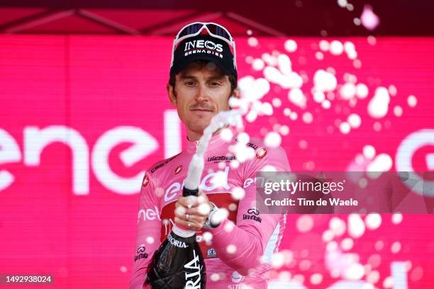 Geraint Thomas of The United Kingdom and Team INEOS Grenadiers - Pink Leader Jersey celebrates at podium during the the 106th Giro d'Italia 2023,...