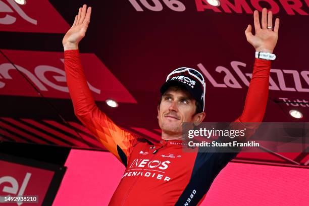 Geraint Thomas of The United Kingdom and Team INEOS Grenadiers - Pink Leader Jersey celebrates at podium during the the 106th Giro d'Italia 2023,...