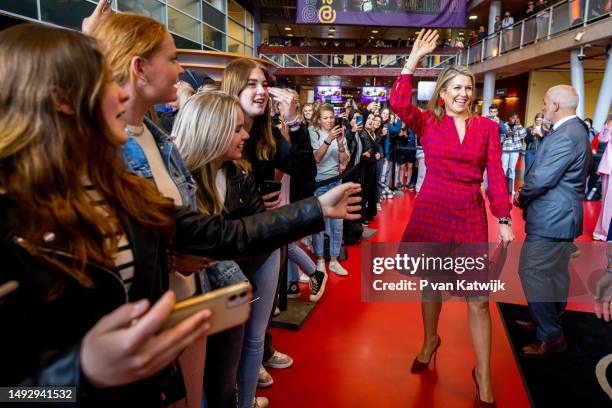 Queen Maxima of The Netherlands visits Aventus MBO school to attend a class about three debt relief methods supported by SchuldenlabNL on May 24,...