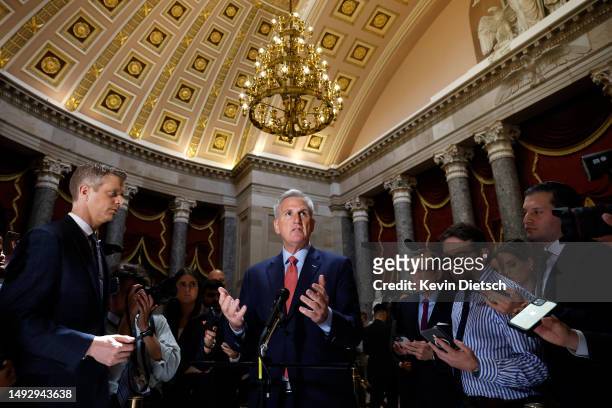 Speaker of the House Kevin McCarthy speaks to members of the media at the U.S. Capitol on May 24, 2023 in Washington, DC. McCarthy spoke on the...