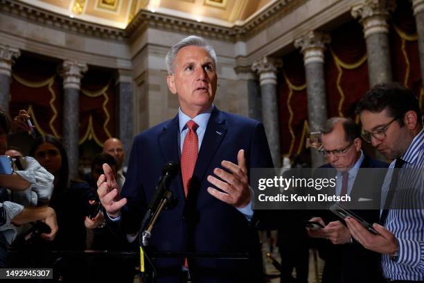 Speaker of the House Kevin McCarthy speaks to members of the media at the U.S. Capitol on May 24, 2023 in Washington, DC. McCarthy spoke on the...