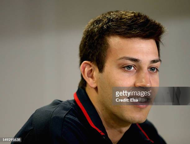 Nick McCrory of the USA Diving team answers questions during a press conference on July 26, 2012 at the MPC in London, England.