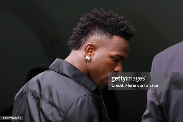 Vinicius Junior of Real Madrid looks on from the sidelines during the LaLiga Santander match between Real Madrid CF and Rayo Vallecano at Estadio...