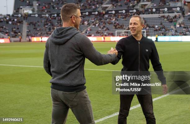 Head coach Greg Vanney of the LA Galaxy and head coach Steve Cherundolo of LAFC meet during a 2023 U.S. Open Cup Round of 16 game between Los Angeles...