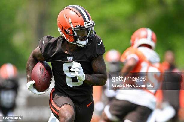 Elijah Moore of the Cleveland Browns runs a drill during the Cleveland Browns OTAs at CrossCountry Mortgage Campus on May 24, 2023 in Berea, Ohio.